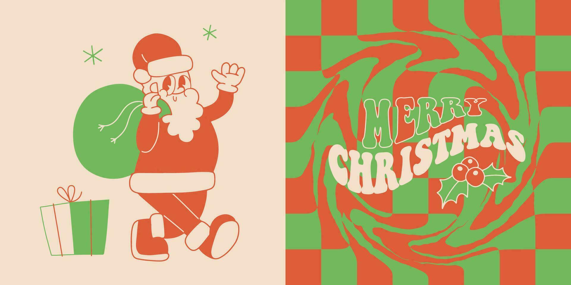 vrolijk Kerstmis en gelukkig nieuw jaar wijnoogst duotoon kaarten. de kerstman clausule wandelen met cadeaus in zak in modieus retro tekenfilm stijl. groet poster, afdrukken, partij uitnodiging. wijnoogst rood en groen kleuren. vector