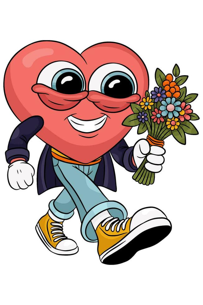 groovy lief hart sticker. een hart met een boeket van bloemen gaat Aan een datum. liefde concept. gelukkig valentijnsdag dag. funky gelukkig hart karakter in modieus retro Jaren 60 jaren 70 tekenfilm stijl. vector