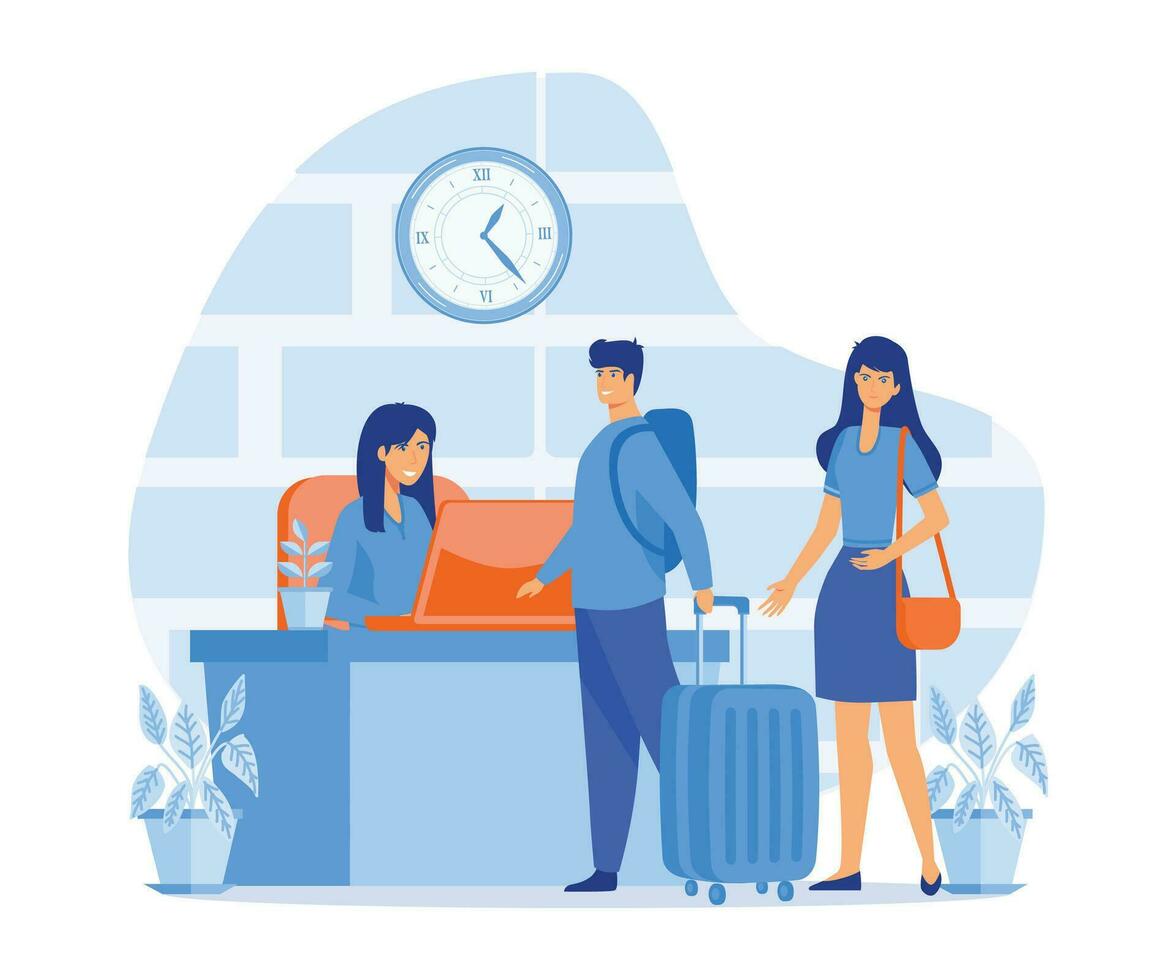 hotel receptioniste, gasten pratend met receptioniste, registratie hotel onderhoud, vlak vector modern illustratie