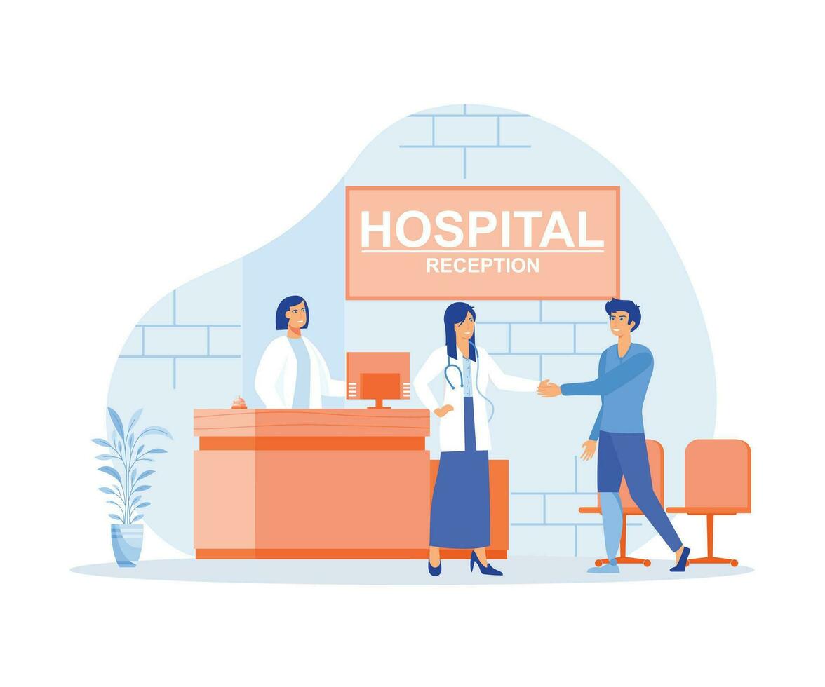 modern kliniek ontvangst, ziekenhuis op bezoek komen, gelukkig arts en geduldig handdruk Bij voorkant bureau, vlak vector modern illustratie