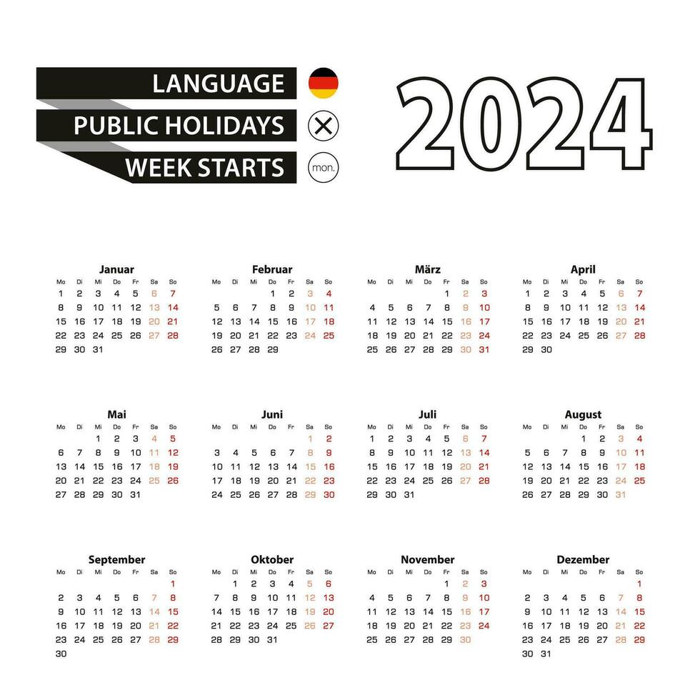 kalender 2024 in Duitse taal, week begint Aan maandag. vector