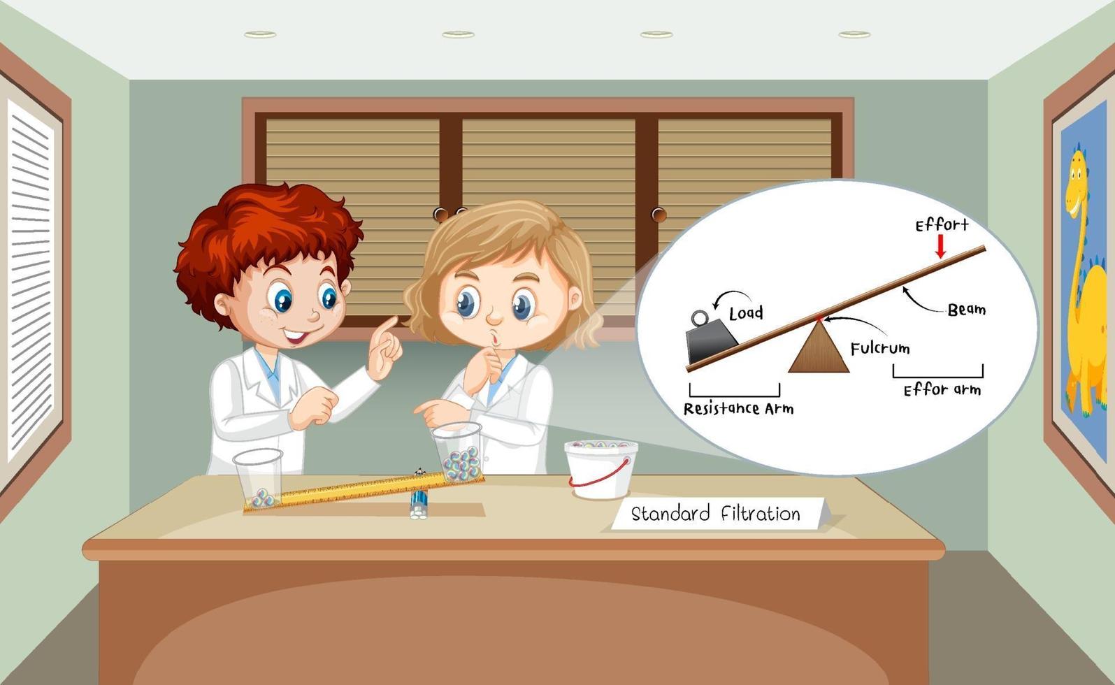 hefbomen wetenschappelijk experiment met wetenschappers kinderen vector