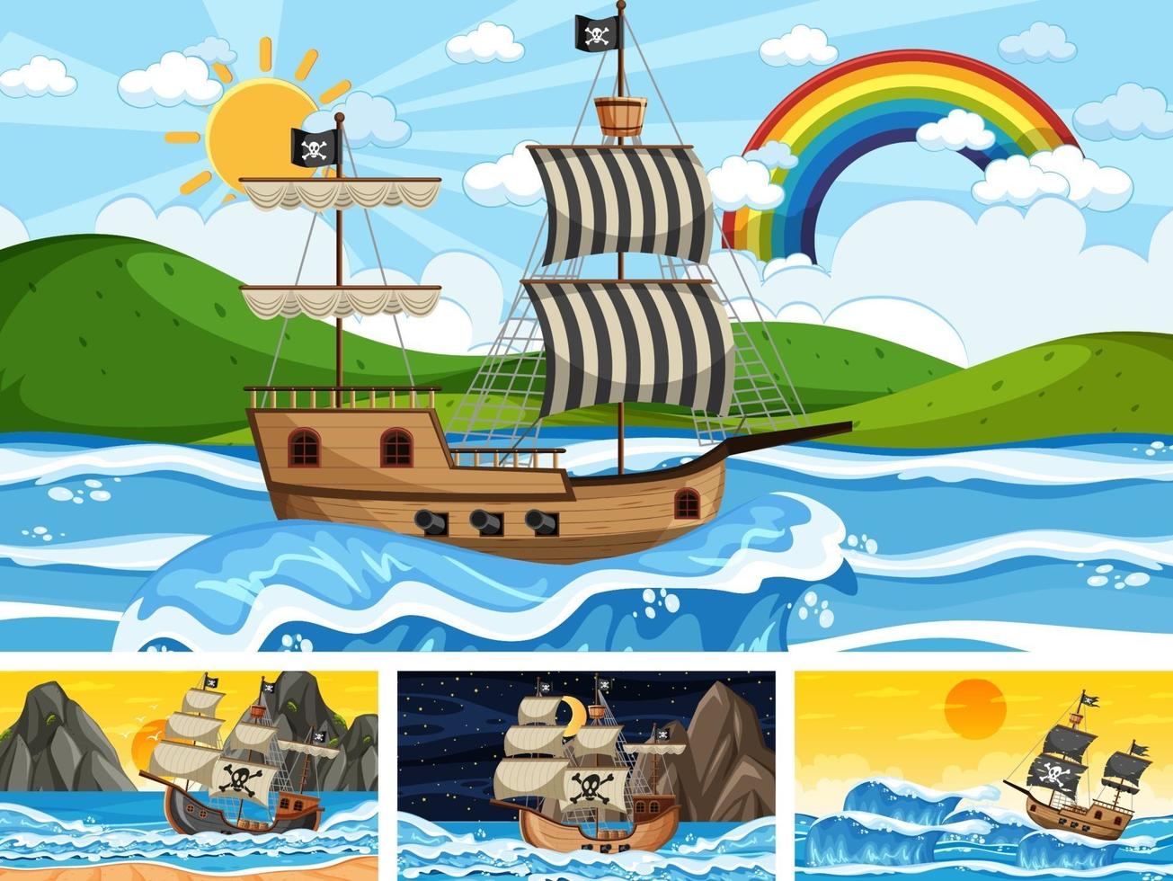 verschillende oceaanachtergrond met piratenschip in cartoonstijl vector