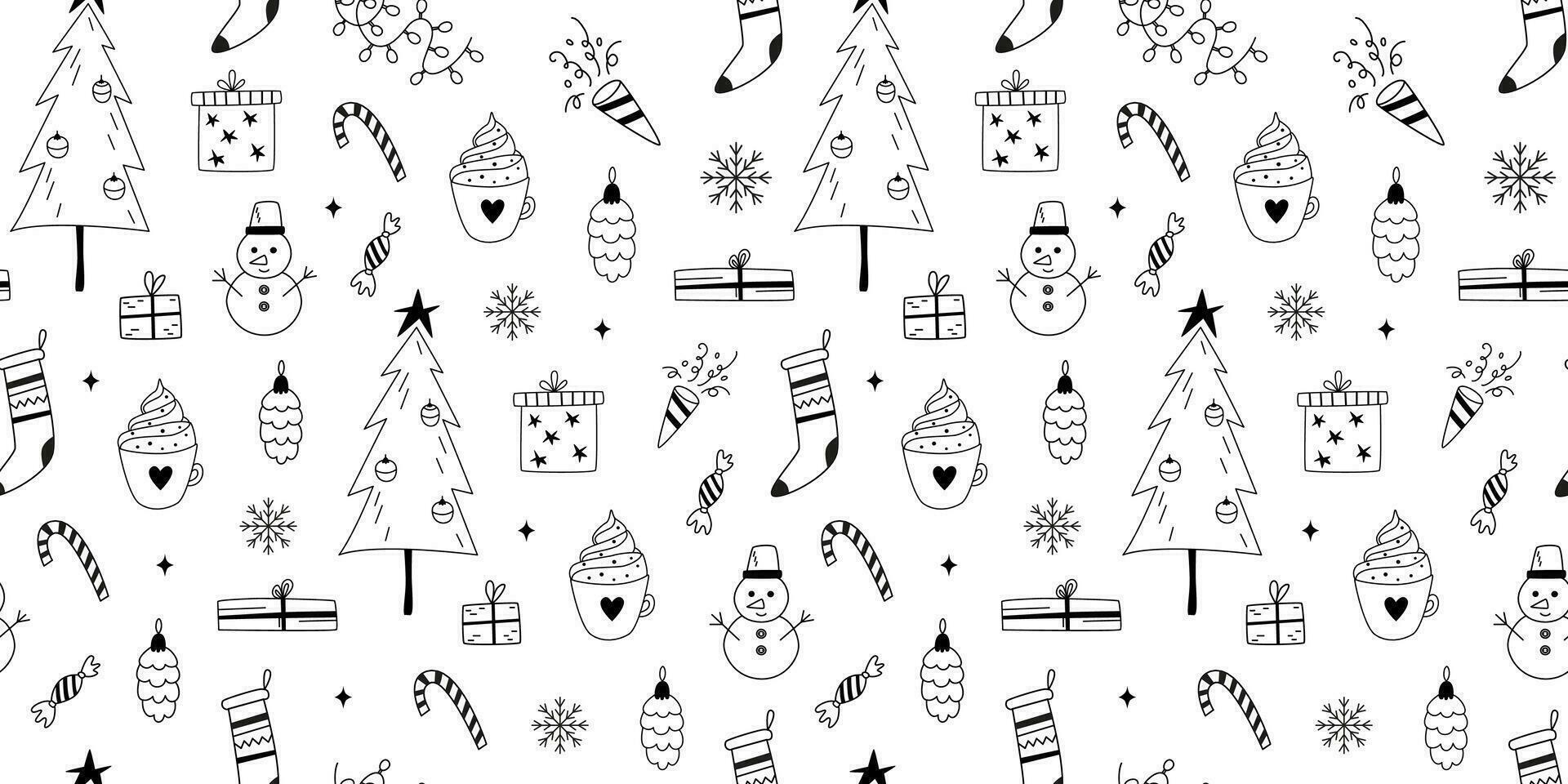 Kerstmis en nieuw jaar doodles naadloos patroon. hand getekend lijn kunst. schets winter motieven. achtergrond, banier, digitaal papier. vector