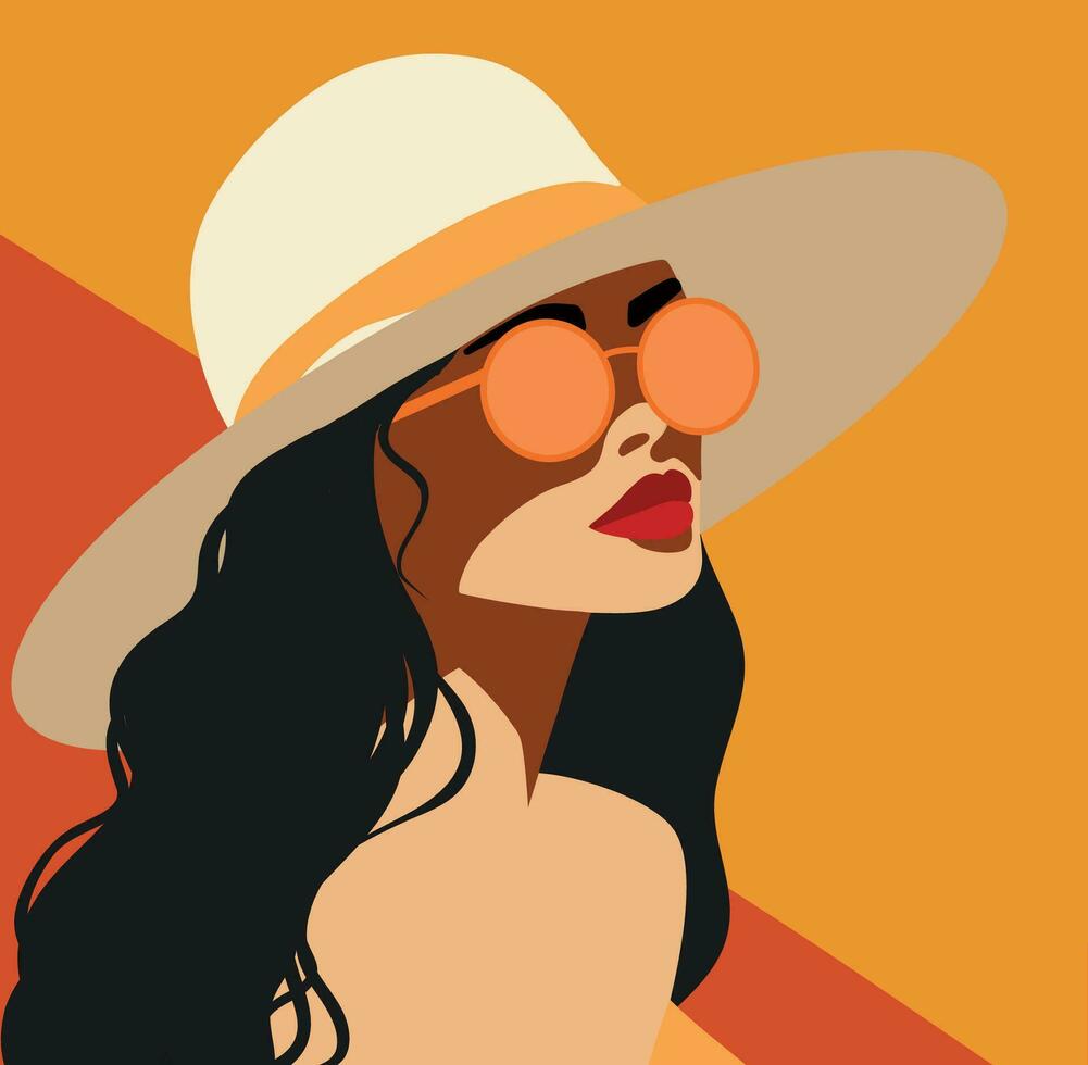 vector mode stijl illustratie vlak stijl brunette meisje Aan vakantie in een hoed en bril Aan een oranje achtergrond