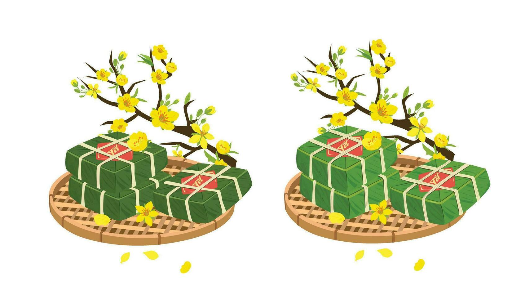Vietnamees traditioneel maan- nieuw jaar vector set. Vietnamees nieuw jaar keuken en bloem. chung taart vector en ochna integerrima boom Afdeling vector. banh chung, hoezo mei. Vietnamees tet. tet vakantie.