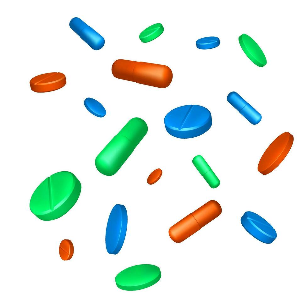 realistisch kleur verspreide tabletten. rood groen en blauw drug capsules geïsoleerd Aan wit achtergrond. gezondheidszorg en geneeskunde voorwerp voor banier of poster. vector