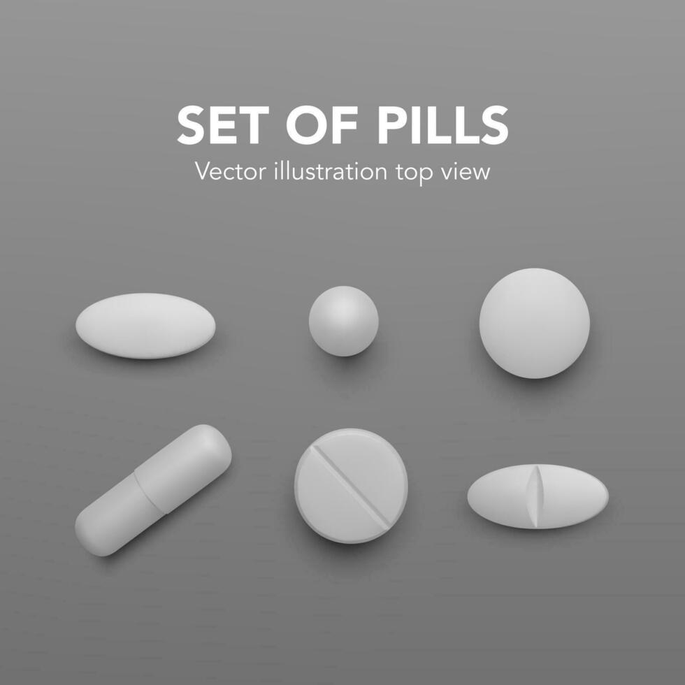 realistisch pillen. reeks van wit drug capsules. apotheek geneeskunde en gezondheidszorg. antibiotica of vitamine tablets top visie. vector illustratie
