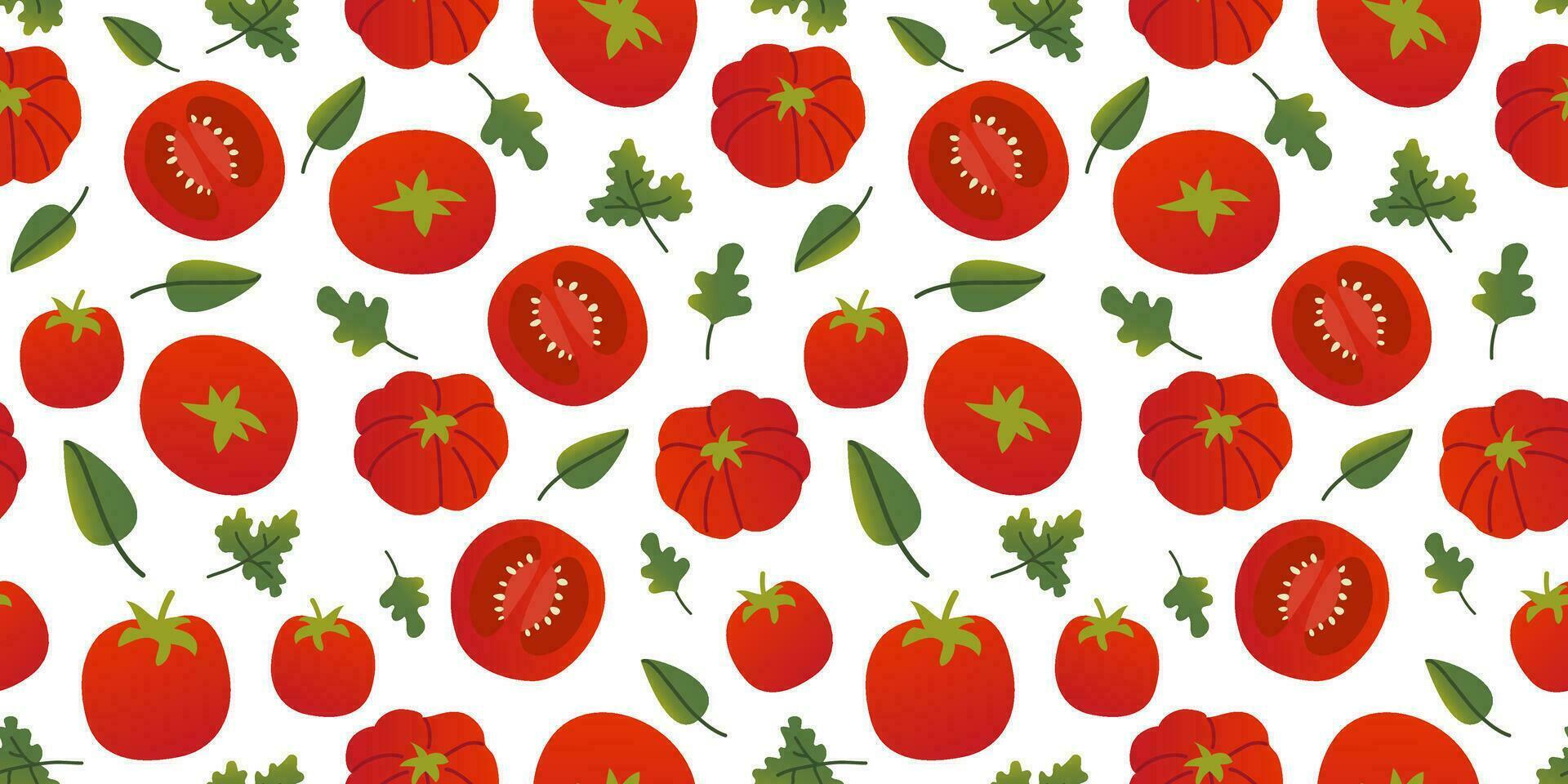 naadloos patroon verschillend kleurrijk tomaten en Groenen in vlak vector stijl Aan wit achtergrond. voor afdrukken, textiel, achtergrond, wikkel.