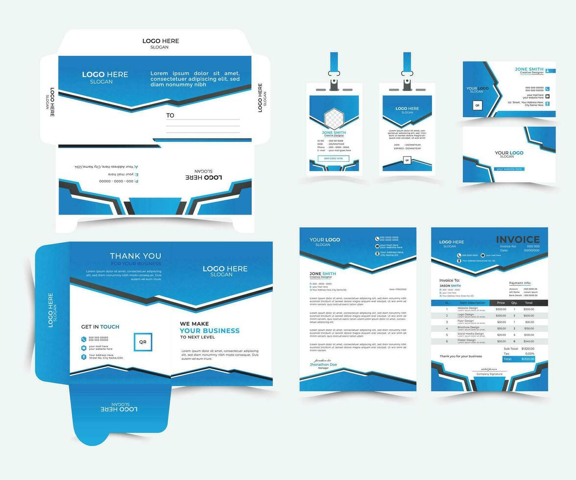 merk identiteit van schrijfbehoeften reeks met oranje en blauw en abstract meetkundig ontwerp. bedrijf kantoor stationair mockup sjabloon van het dossier map, jaar- rapport, klassiek schrijfbehoeften sjabloon ontwerp. vector