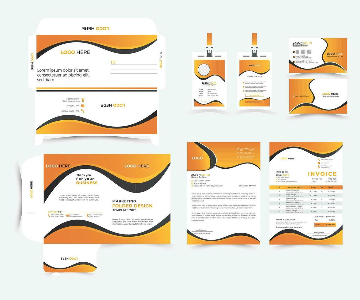 merk identiteit van schrijfbehoeften reeks met oranje en blauw en abstract meetkundig ontwerp. bedrijf kantoor stationair mockup sjabloon van het dossier map, jaar- rapport, klassiek schrijfbehoeften sjabloon ontwerp. vector