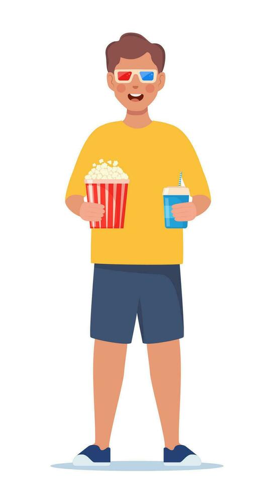 kind staan met 3d bril, Frisdrank en popcorn. bioscoop theater vermaak voor kinderen. vector illustratie.