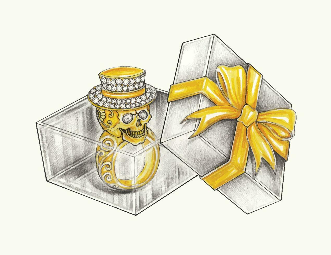 luxe schedel ring in geschenk doos hand- tekening en schilderij Aan papier maken grafisch vector. vector