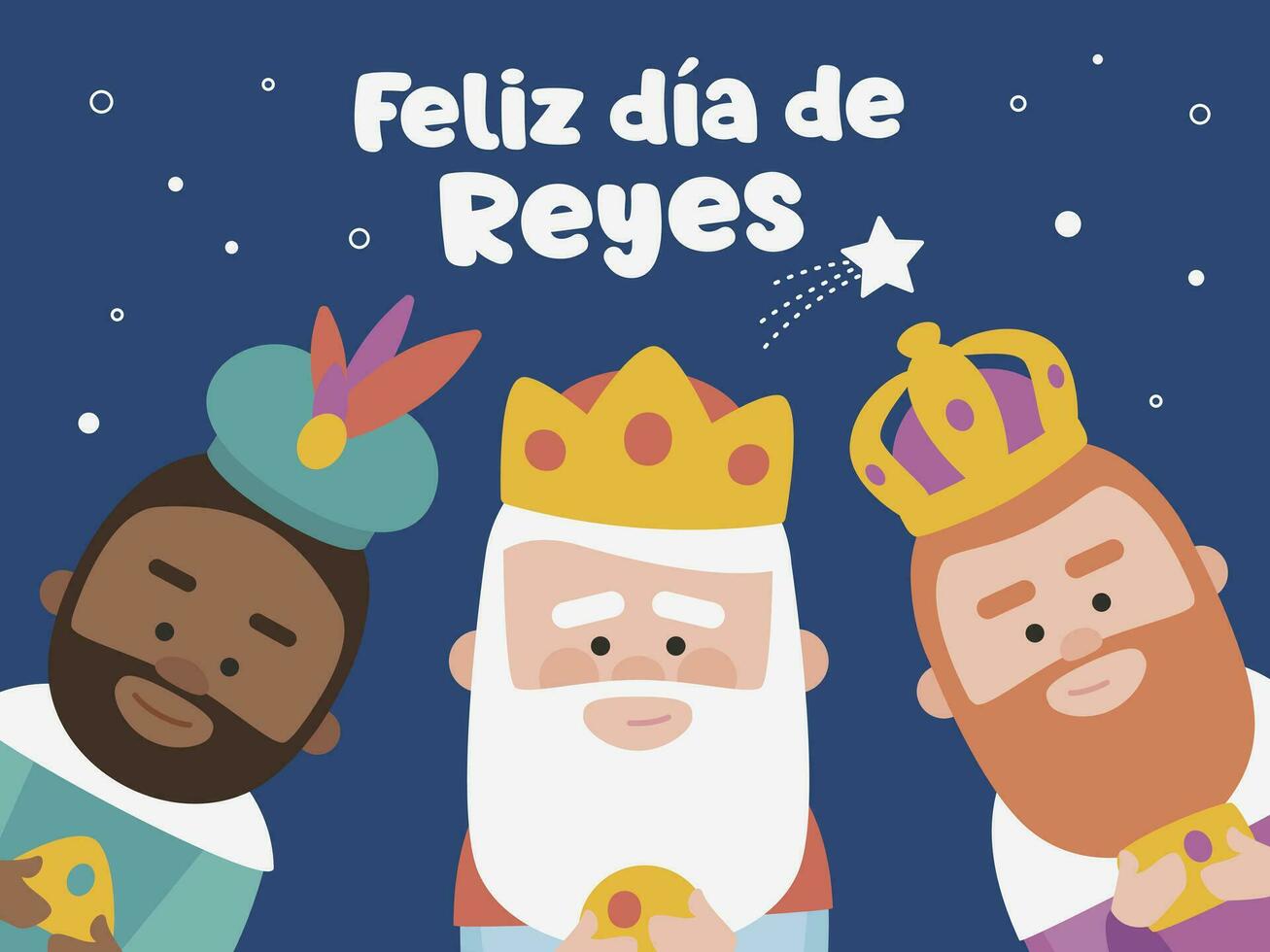 gelukkig Openbaring geschreven in Spaans. drie grappig wijs Heren. koningen van oriënteren Aan blauw achtergrond. Kerstmis vectoren