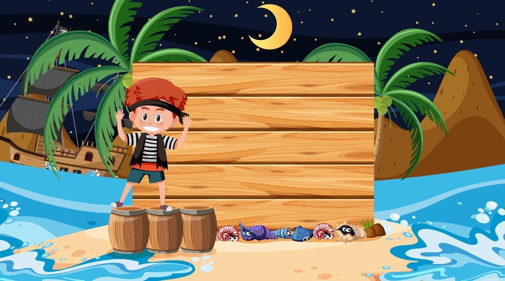 piratenkinderen op het strand met een lege houten planksjabloon vector