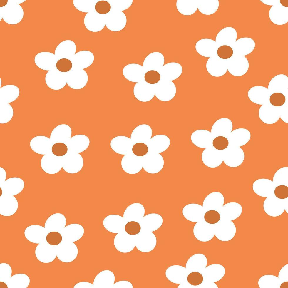 naadloos patroon met wit bloemen Aan oranje achtergrond. schattig herfst ontwerp. wijnoogst groovy madeliefje bloemen. hand- getrokken geïsoleerd vector illustratie