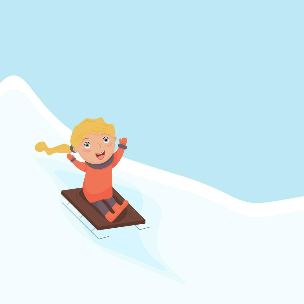 meisje is rodelen naar beneden de berg. winter vakantie. vector illustratie. winter sport