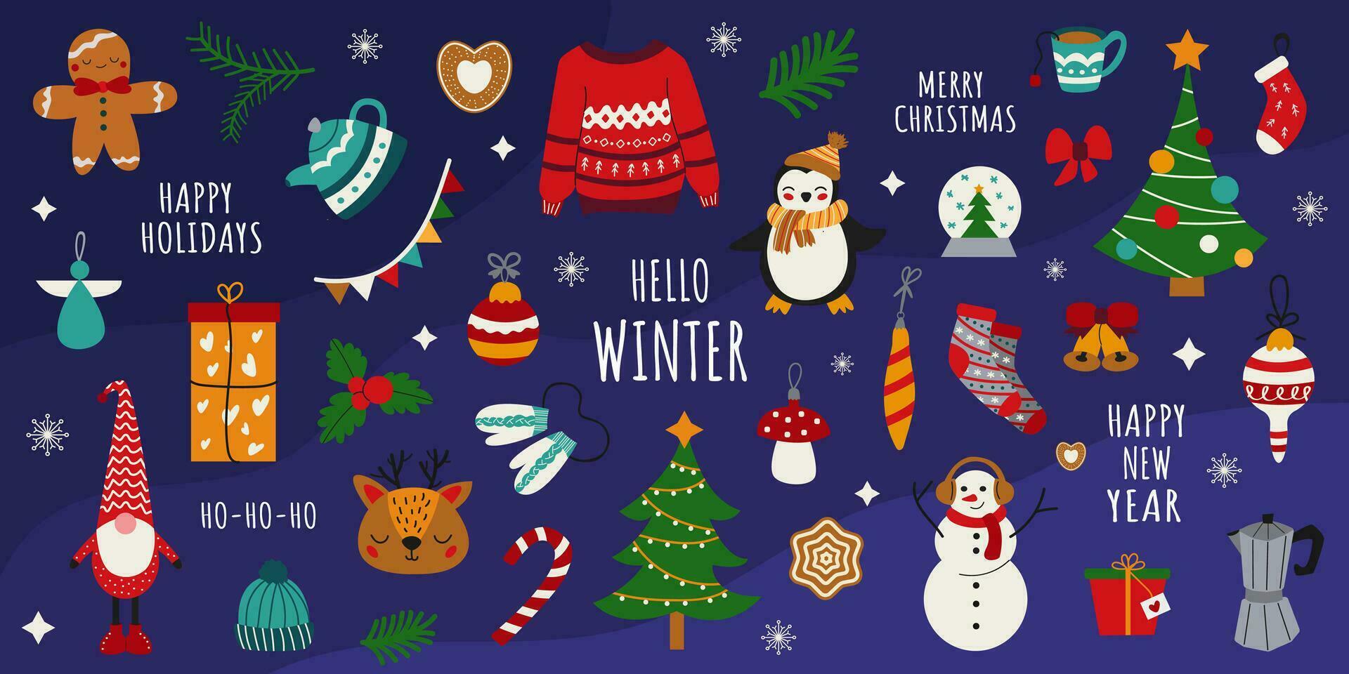 groot vector winter set. verzameling van winter elementen voor scrapbooken. Kerstmis boom, sneeuwvlokken, pinguïn, speelgoed, hoed, handschoenen, rendier. banier, poster, aanplakbiljet. blauw geïsoleerd achtergrond.