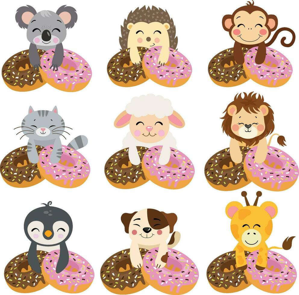 reeks van schattig dier met aardbei en chocola donuts vector