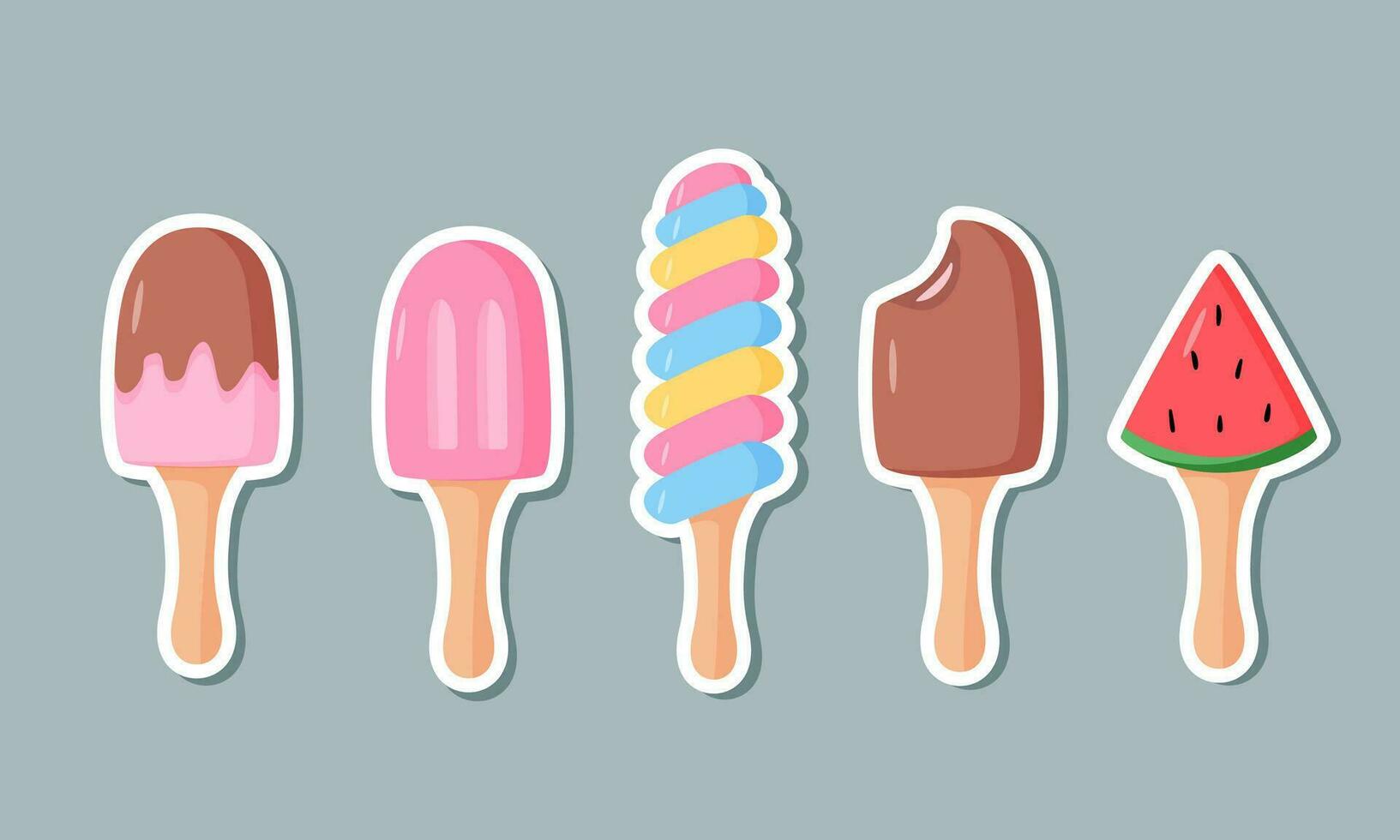 stickers ijs room en bessen reeks van tekenfilm pictogrammen. vector kleur illustratie van zomer desserts ijslollys Aan een stok.