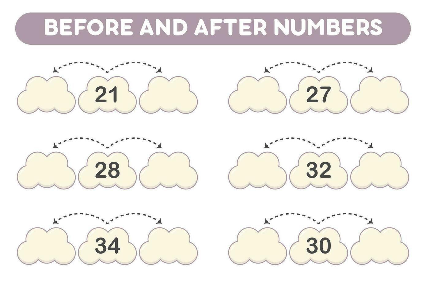 wiskunde spel voor kinderen. voordat en na nummers. afdrukbare werkbladen. vector