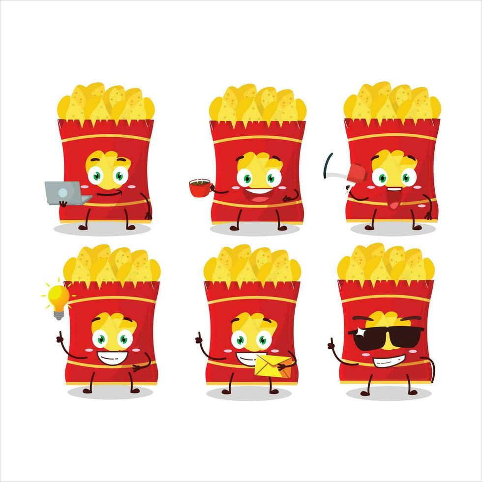 aardappel chips tekenfilm karakter met divers types van bedrijf emoticons vector