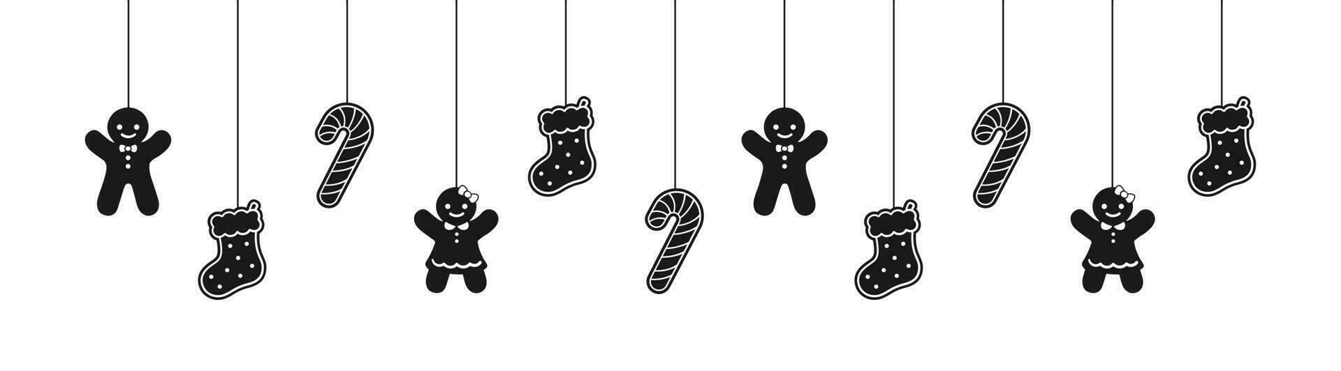 vrolijk Kerstmis grens banier silhouet, hangende peperkoek koekjes guirlande. winter vakantie seizoen hoofd decoratie. web banier sjabloon. vector illustratie.