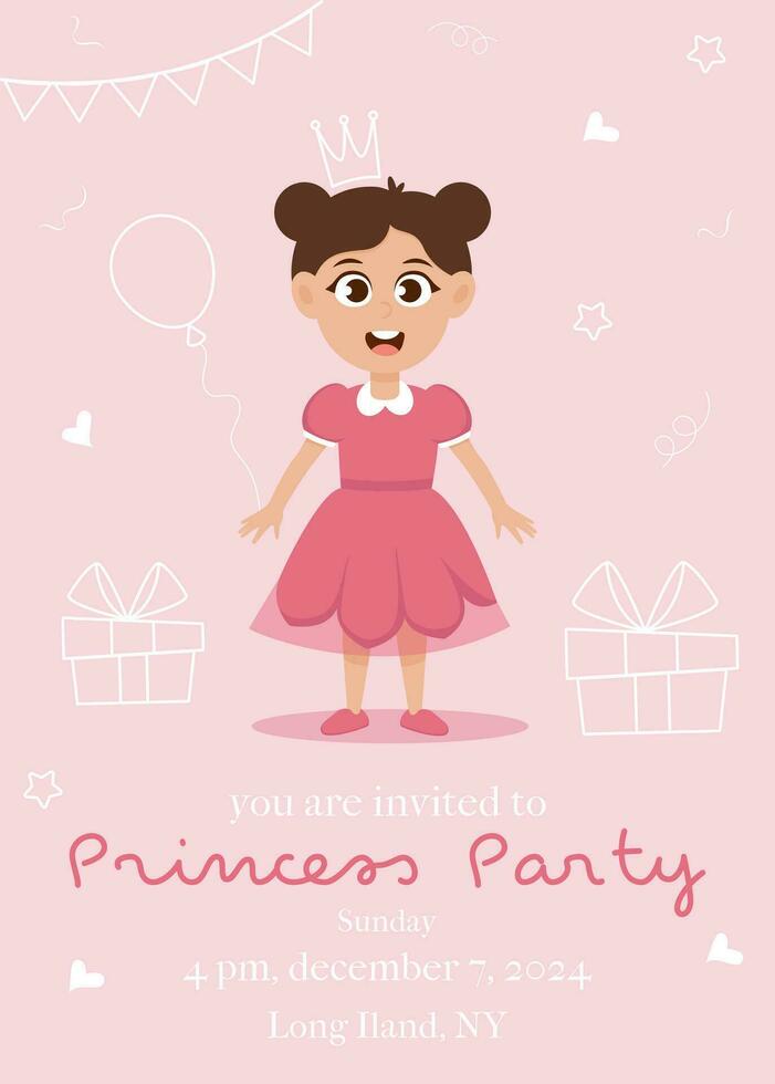 prinses verjaardag partij uitnodiging kaart met schattig weinig meisje in roze jurk vector