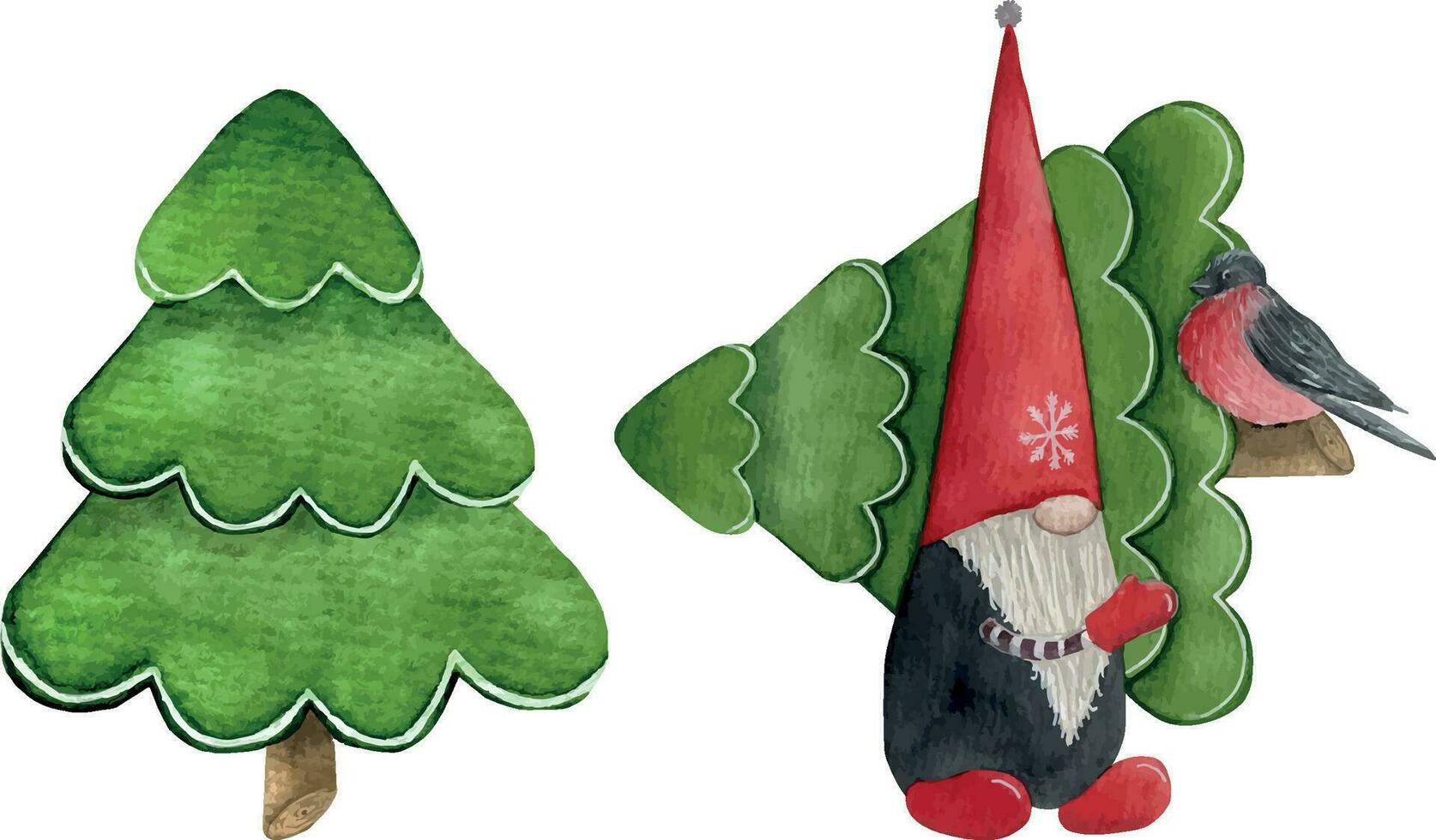 Kerstmis gnoom met pijnboom boom, Scandinavisch elf met geschenk, waterverf vakantie illustratie vector. vector