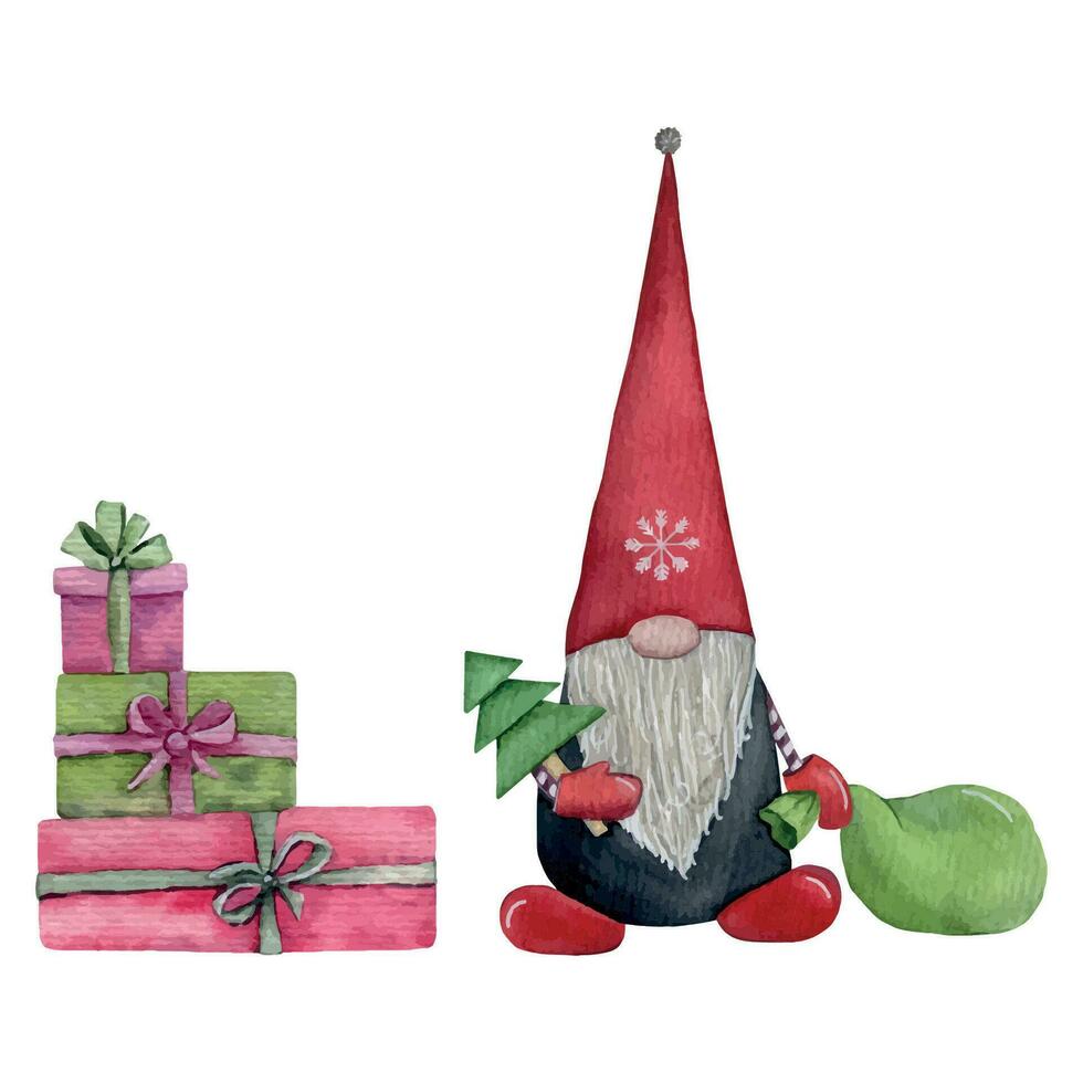 Kerstmis gnoom met pijnboom boom, Scandinavisch elf met geschenk, waterverf vakantie illustratie vector. vector