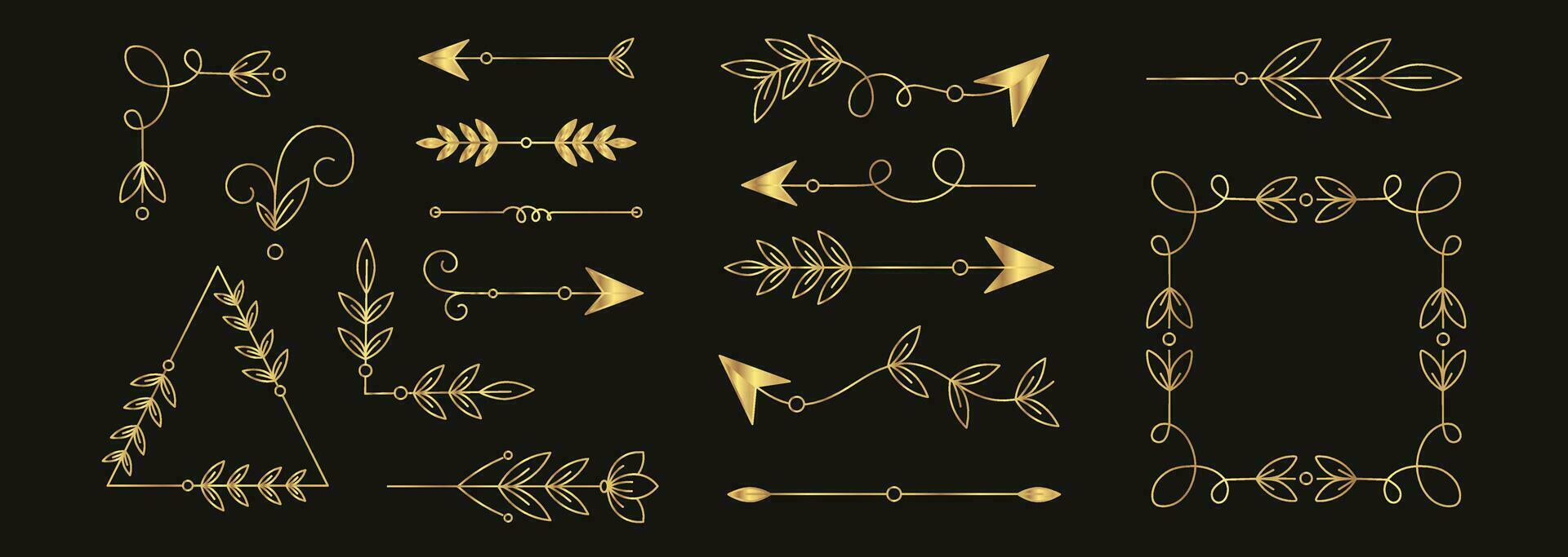 hand- getrokken vector goud pijlen en verdelers met bladeren. lijnen, borders en kaders set. tekening ontwerp elementen.