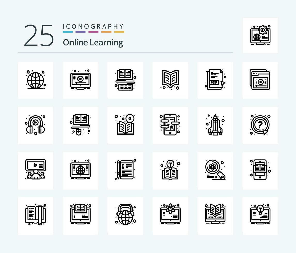 online aan het leren 25 lijn icoon pak inclusief pdf document. lezing. boek. aan het leren. lezing vector