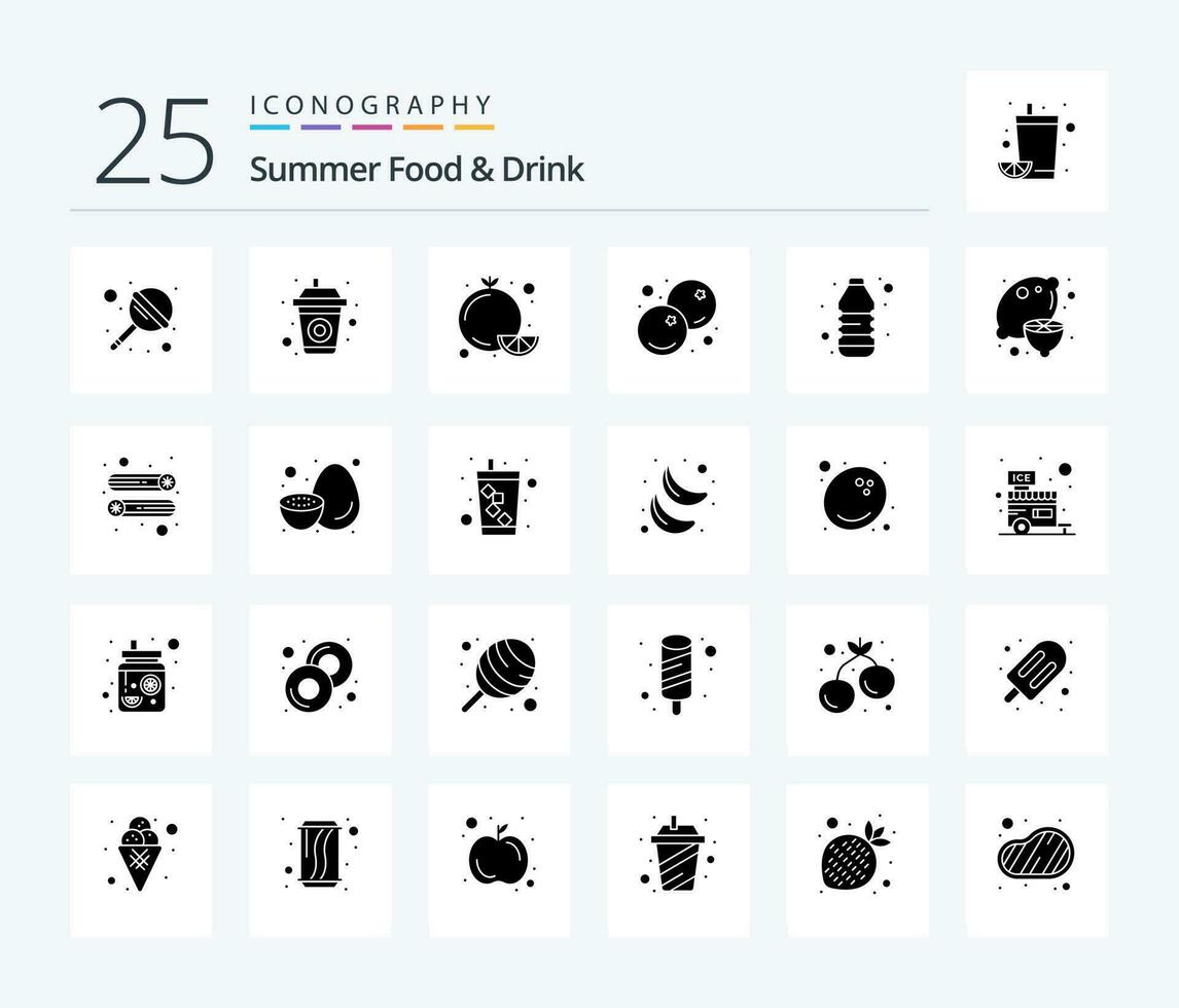zomer voedsel drinken 25 solide glyph icoon pak inclusief drankje. gezond. citrus. fruit. blauw vector