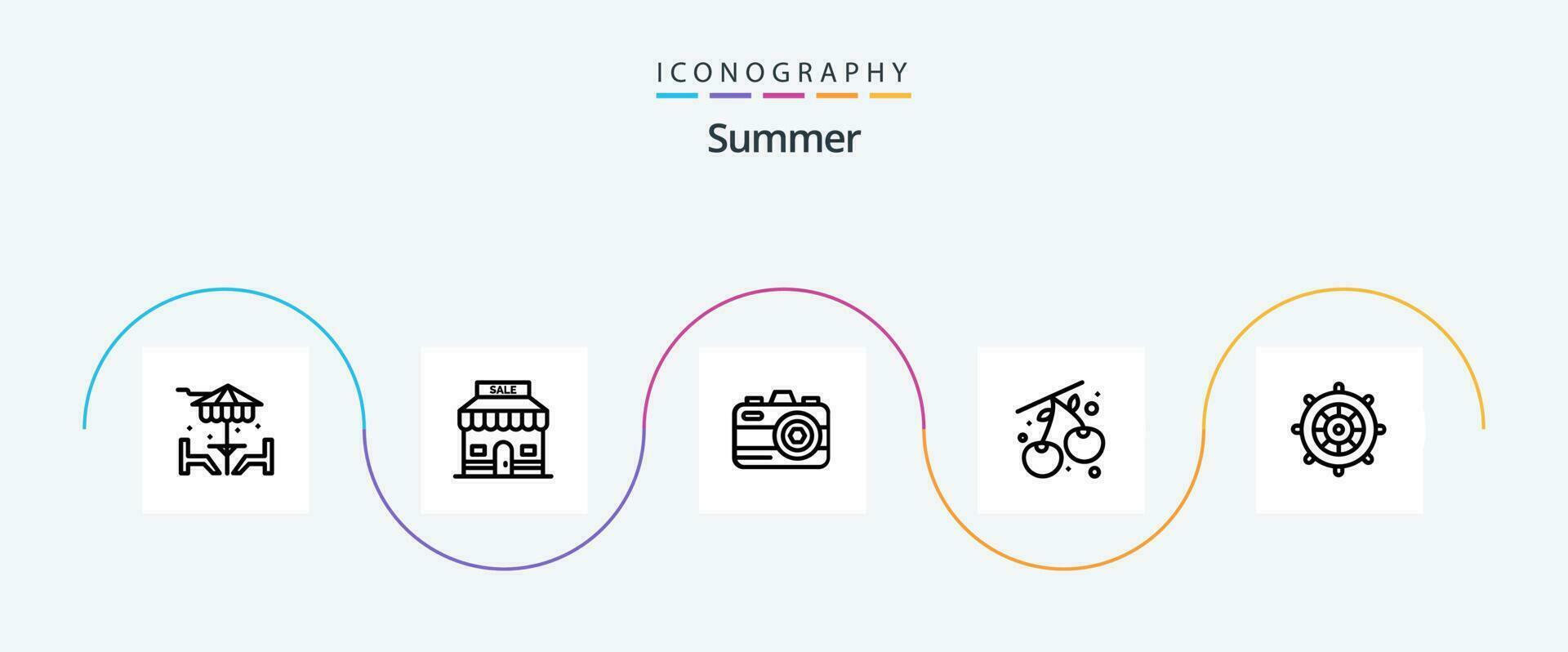 zomer lijn 5 icoon pak inclusief stuurinrichting de boot. vakantie. camera. strand. kers vector