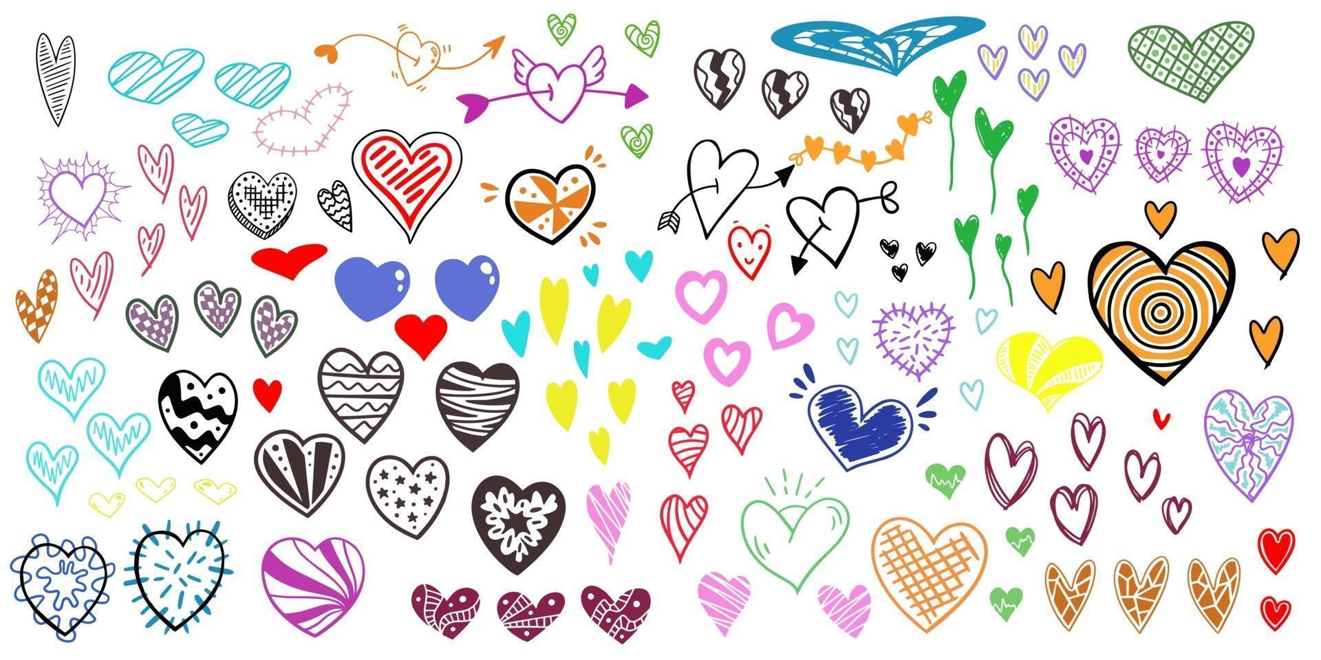 veel handgetekende harten in verschillende stijlen en kleuren vector
