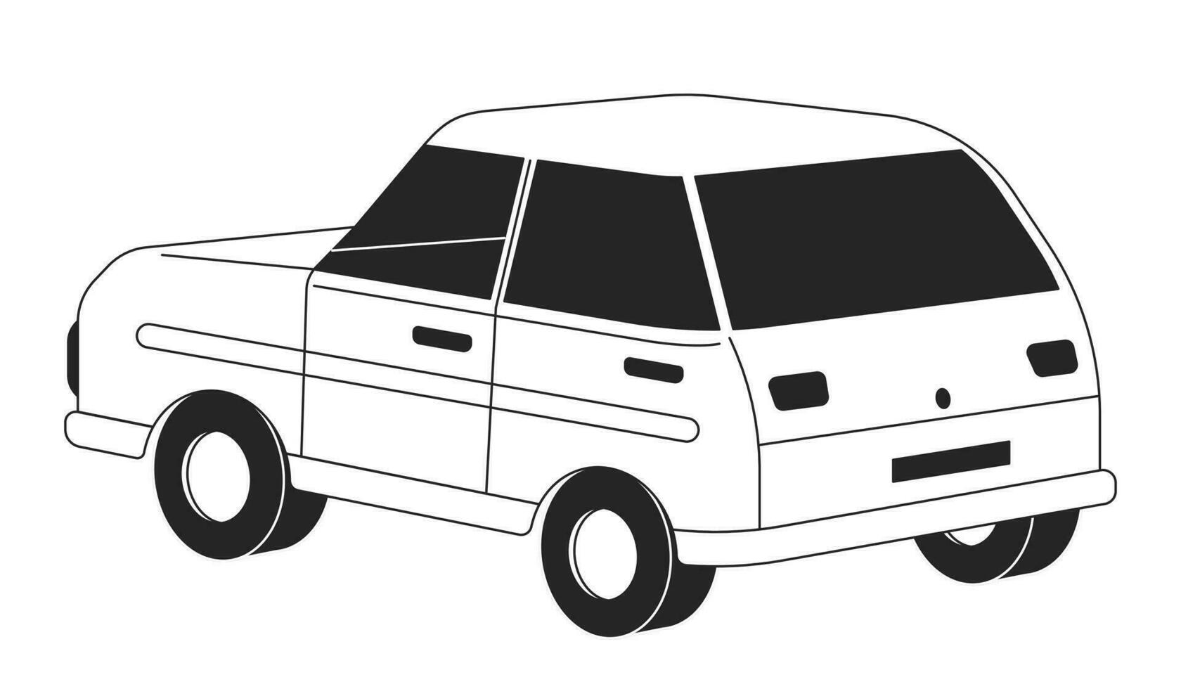 achterzijde visie auto retro zwart en wit 2d lijn tekenfilm voorwerp. achteraanzicht motor voertuig geïsoleerd vector schets item. nostalgisch auto vervoer. wijnoogst auto- monochromatisch vlak plek illustratie