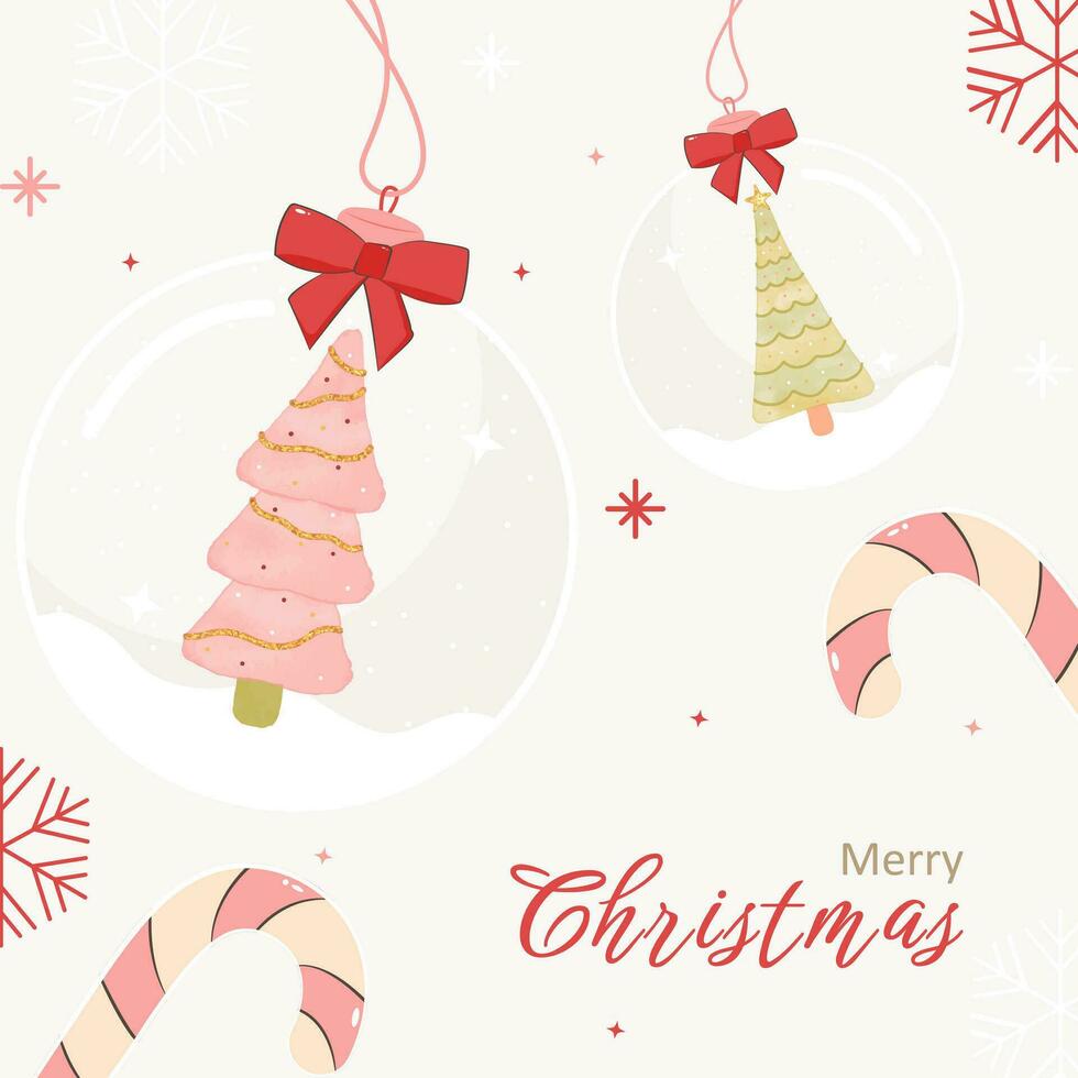 plein Kerstmis vakantie groet kaart met sneeuw bal, lint, snoep riet en sneeuw vector