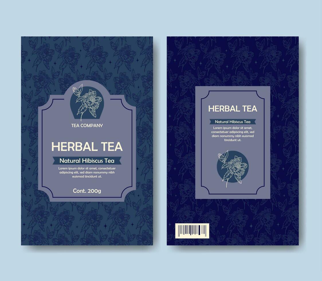 thee etiket pakket met natuurlijk biologisch hibiscus. wijnoogst ambacht botanisch tekening kruiden schetsen vector