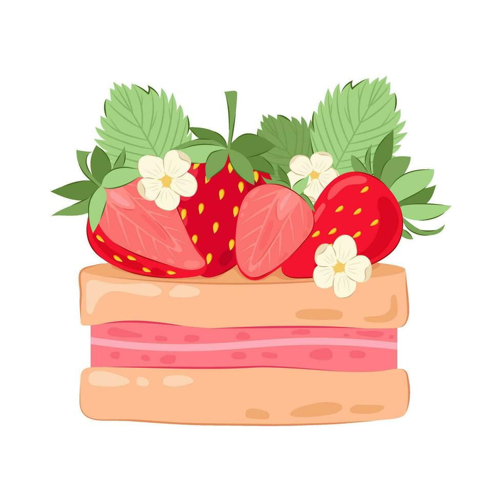 spons taart met roze room en rijp rood aardbeien. vector