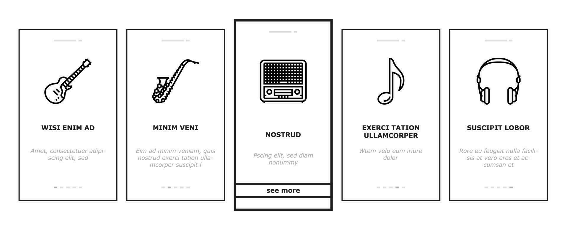 retro muziek- wijnoogst stijl onboarding pictogrammen reeks vector