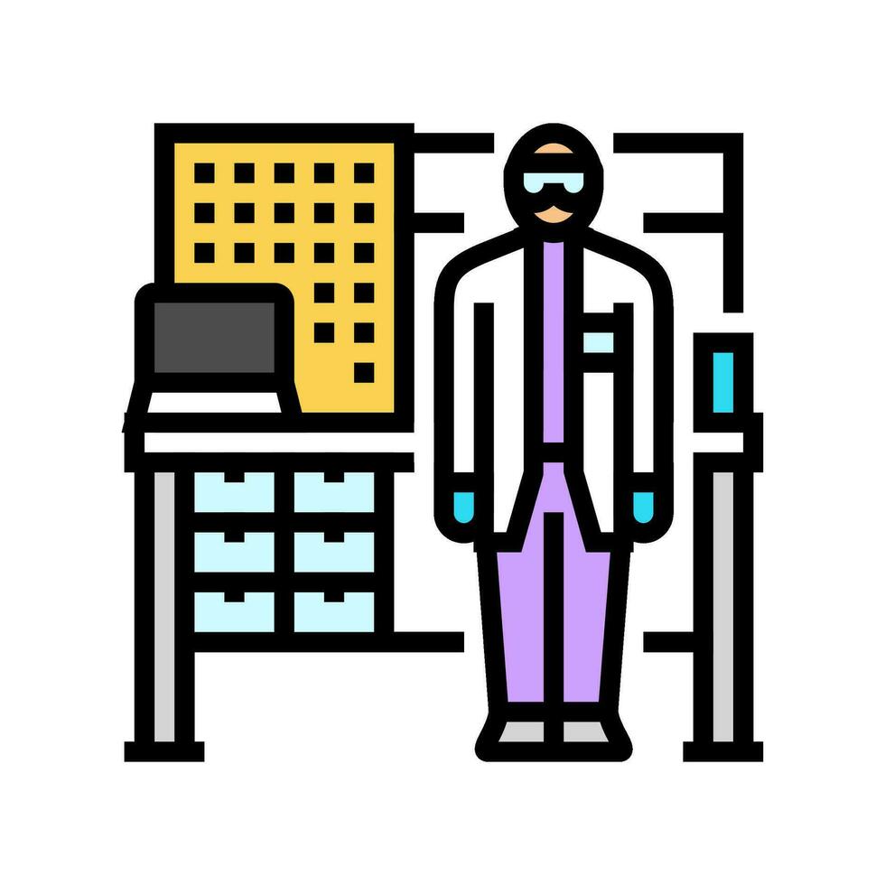 medisch technoloog Bij werkbank kleur icoon vector illustratie