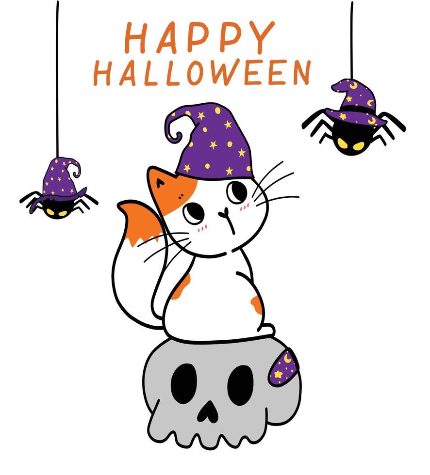 schattig happy halloween kitten kattenkostuum, trick or treat met spin vector