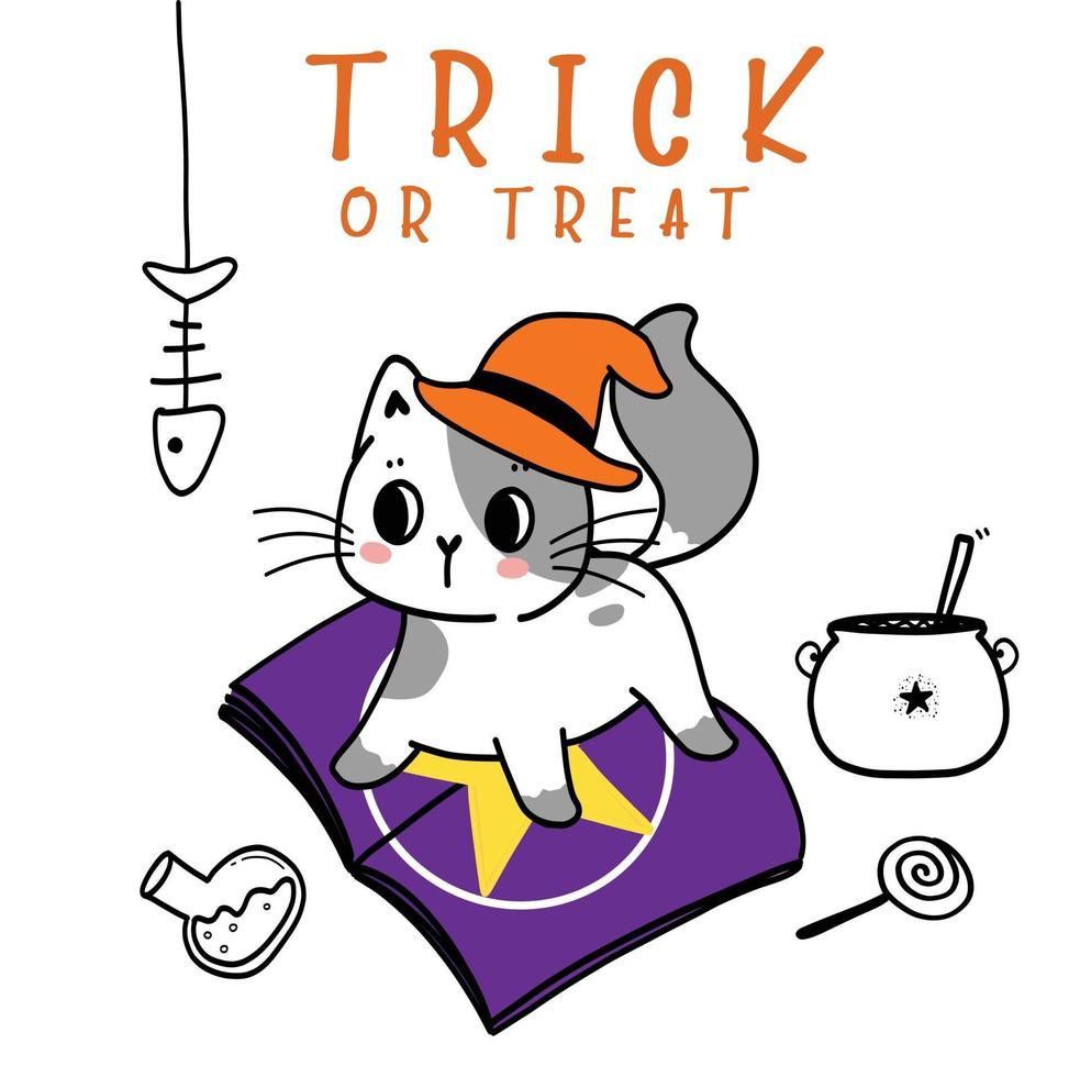 schattig happy halloween kitten kattenkostuum, trick or treat met spin vector