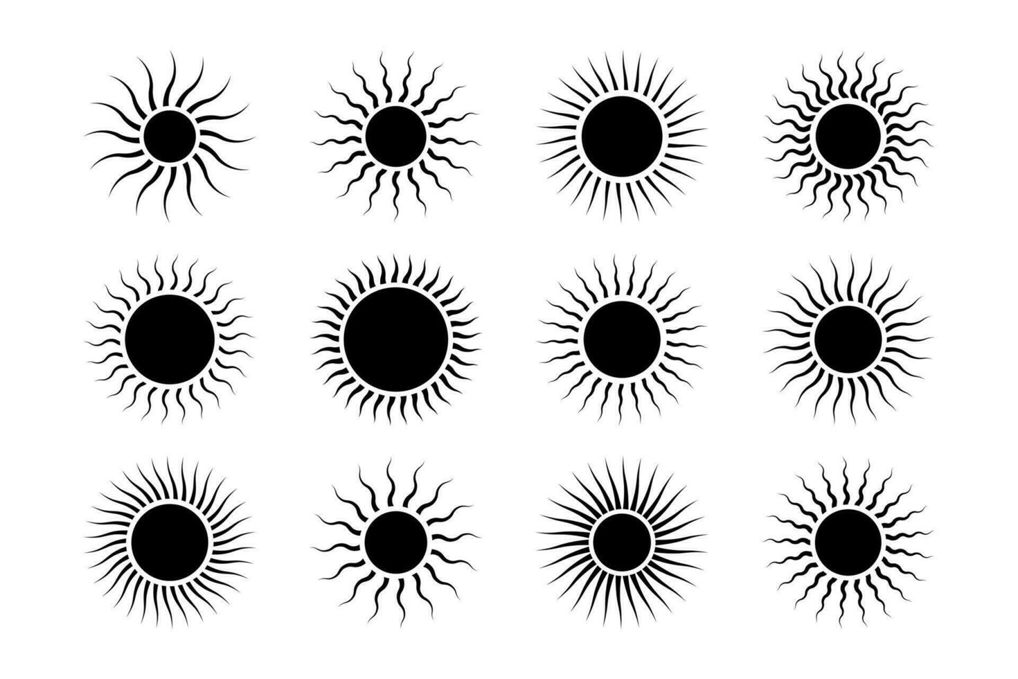wijnoogst zon verzameling, golvend zon stralen, logo zon silhouet, radiaal golvend zonsondergang balken, vector illustratie