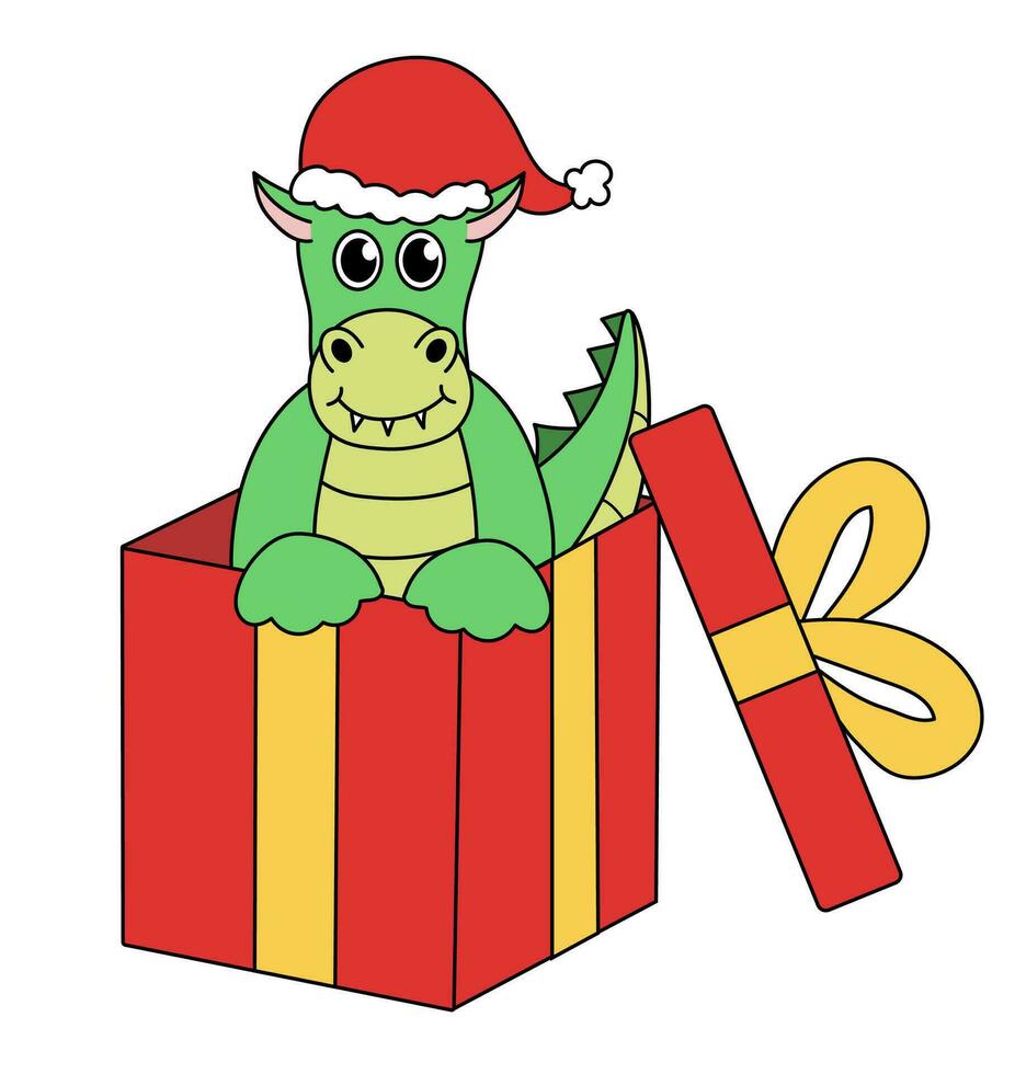 tekenfilm Kerstmis en nieuw jaar draak karakter. schattig draak in geschenk doos. vector vlak illustratie.