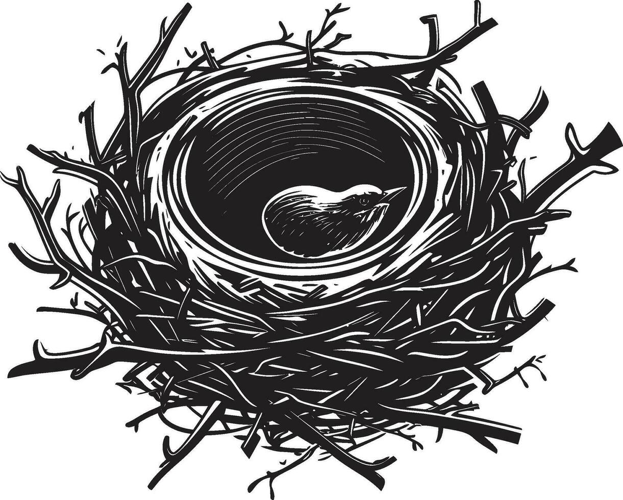 zwart vector vogel nest een monochroom heiligdom esthetisch vogel leefgebied zwart nest ontwerp