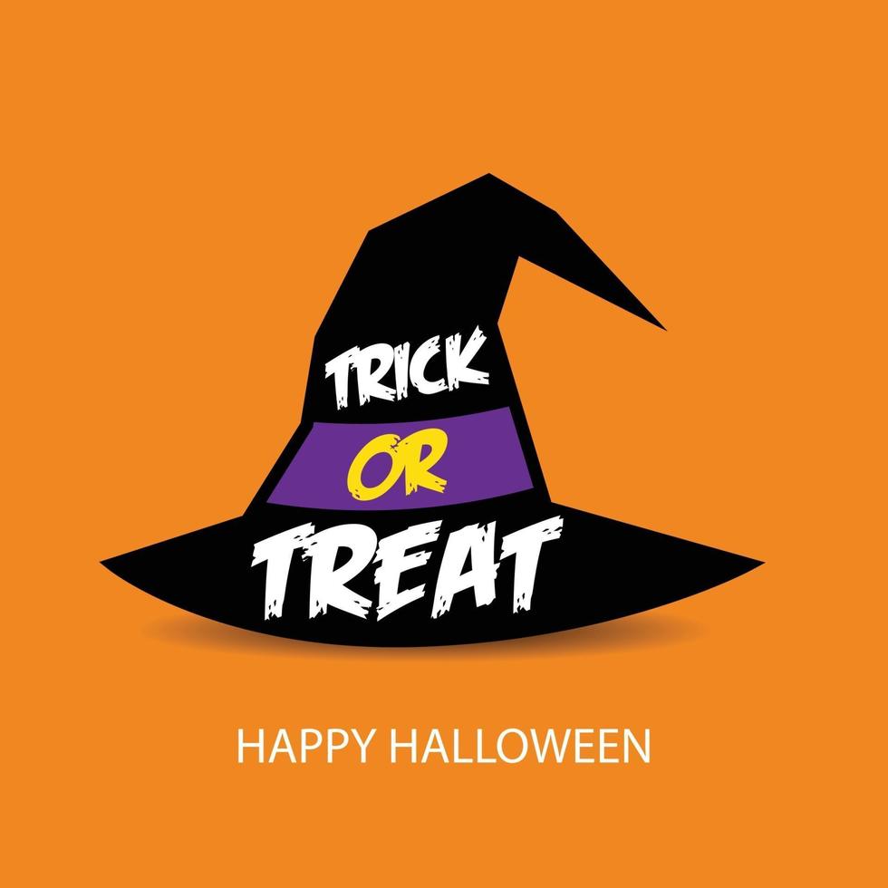 happy halloween trick or treat met zwarte heksenhoed. vector