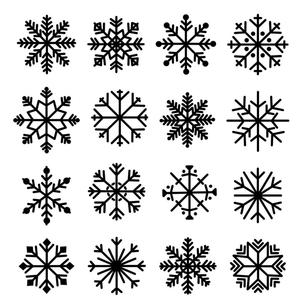 reeks van sneeuwvlokken pictogrammen, zwart geïsoleerd met wit achtergrond, silhouet ontwerp, winter elementen, lineair icoon, lijn kunst, vector illustratie.