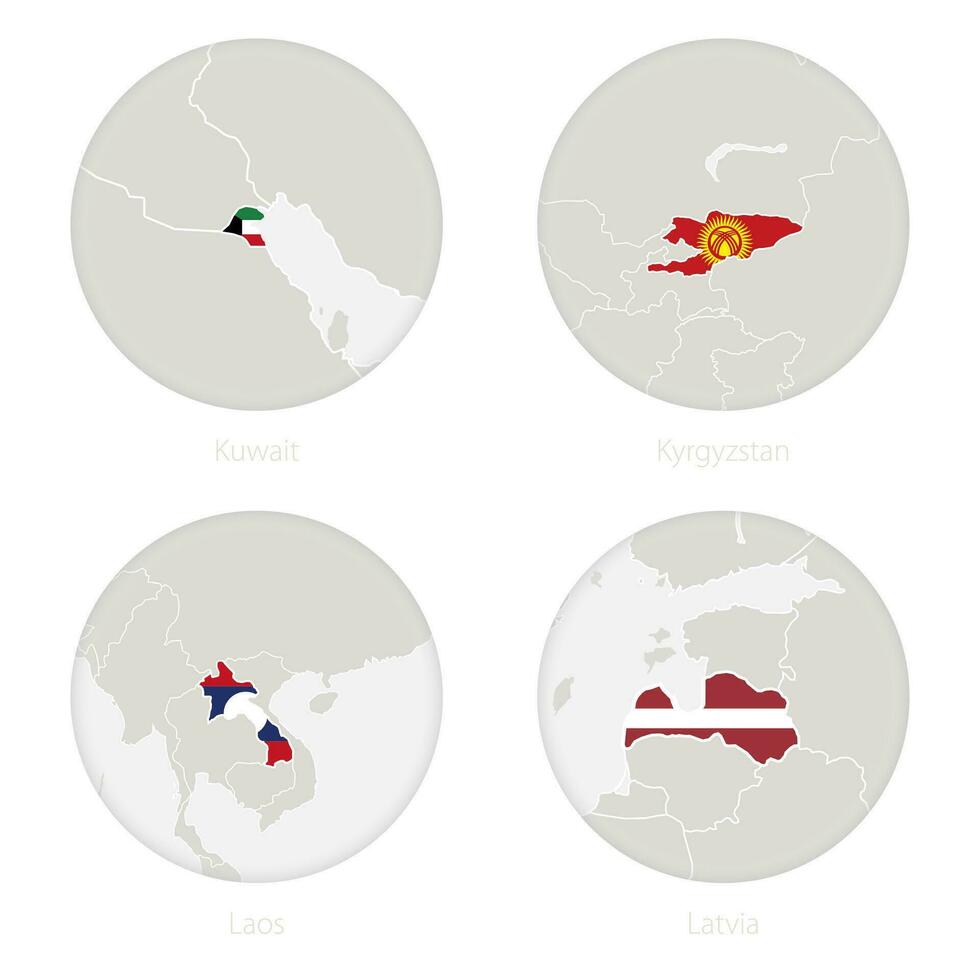 Koeweit, Kirgizië, Laos, Letland kaart contour en nationaal vlag in een cirkel. vector