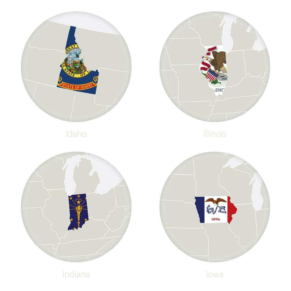 Idaho, Illinois, Indiana, Iowa ons staten kaart contour en nationaal vlag in een cirkel. vector